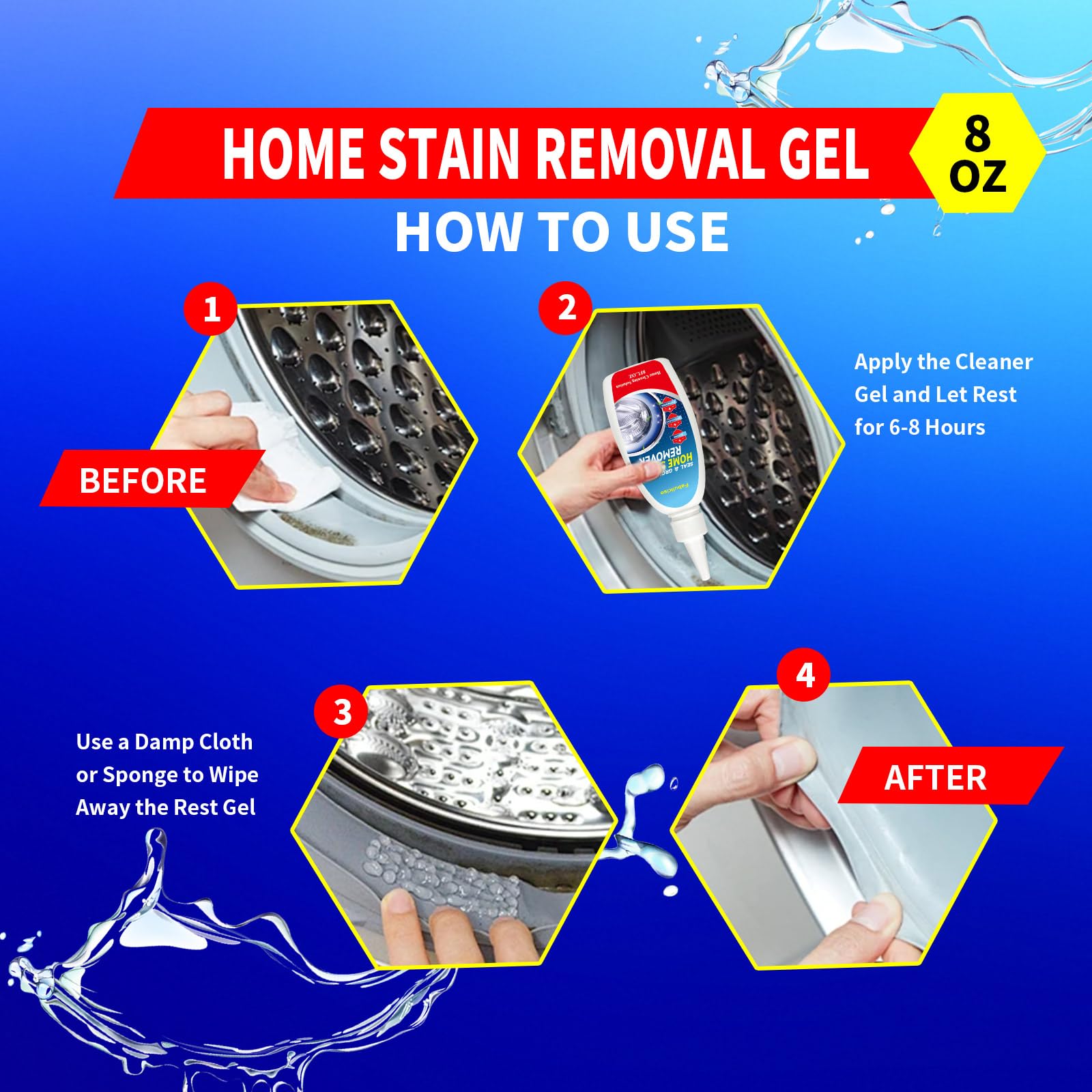 Home Stain Remover Gel - Stubborn Stain Cleaner No Harsh Scrubbing Required, Front Loader Washing Machine Seal Washing Machine Seals, Sinks & Tiles |