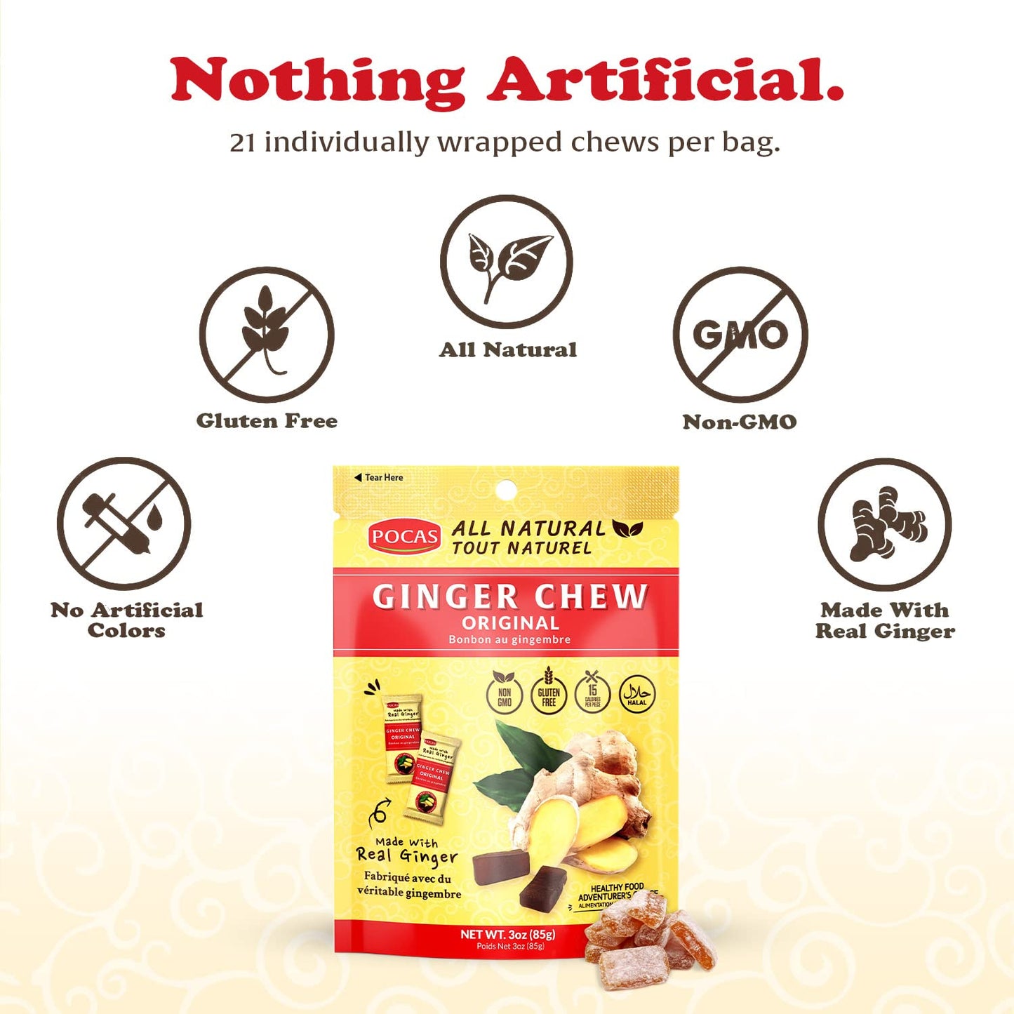 Pocas Original Ginger Chews - Sweet and Zesty Ginger Chew, Individually Wrapped Low-Calorie Snacks, Ginger Candy Made with Pure Cane Sugar, 3 Oz Ea