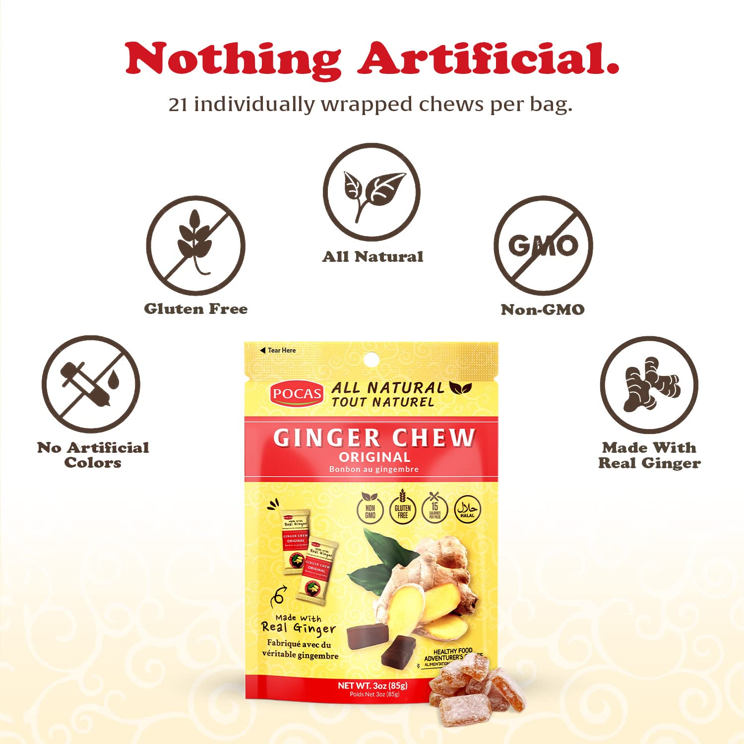 Pocas Original Ginger Chews - Sweet and Zesty Ginger Chew, Individually Wrapped Low-Calorie Snacks, Ginger Candy Made with Pure Cane Sugar, 3 Oz Ea
