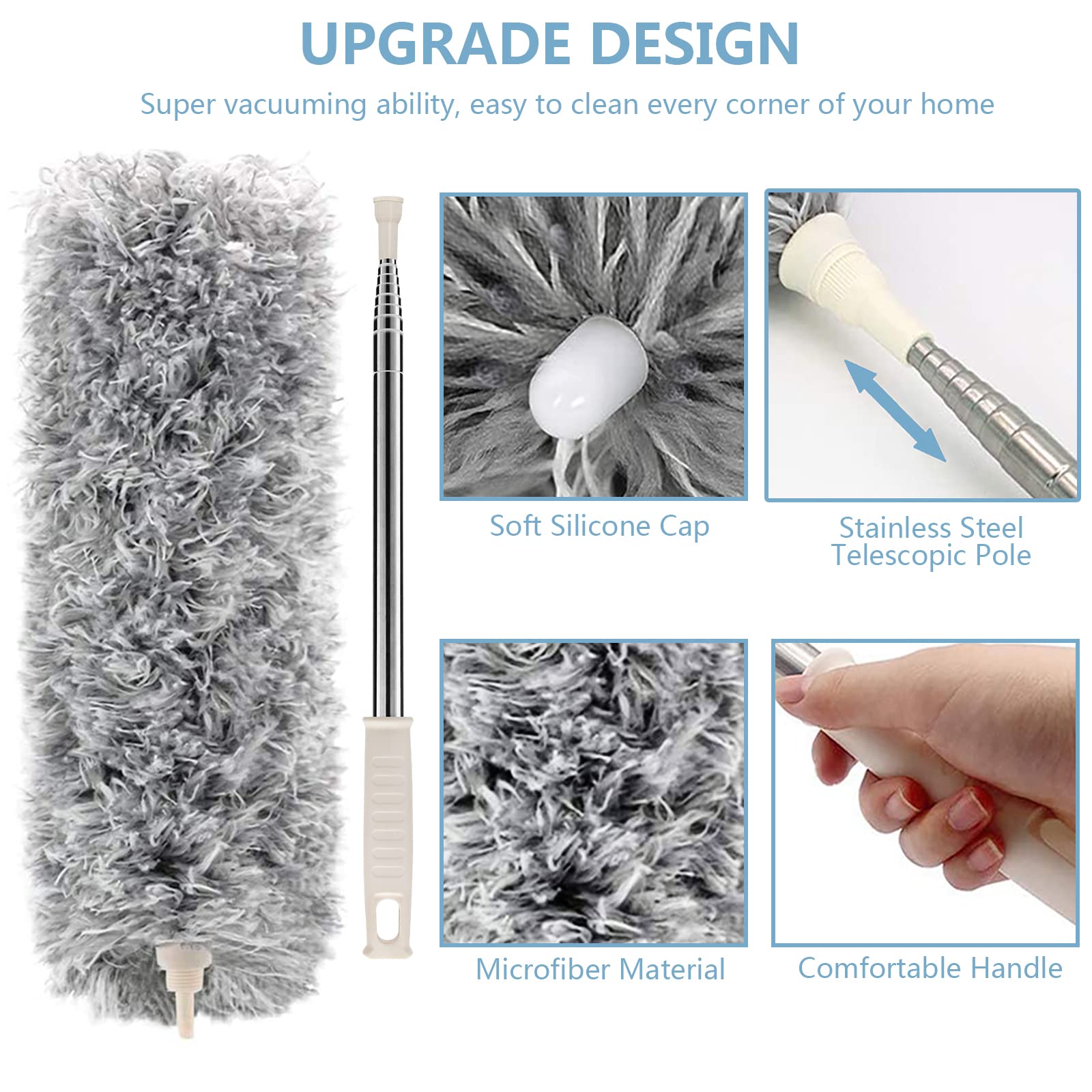 Microfiber Duster with Extension Pole(Stainless Steel) 30 to 100'', with Bendable Head, Extendable Long Duster for Cleaning Ceiling Fan, High Ceiling