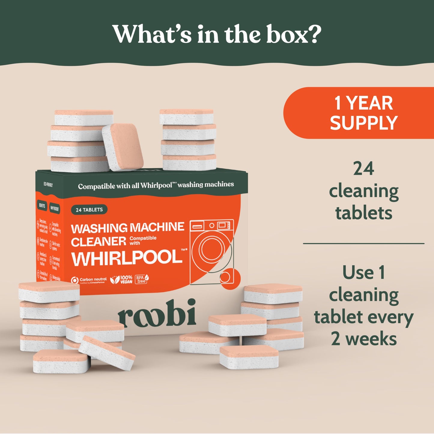 Roobi Washing Machine Cleaner Tablets. Compatible with Whirlpool and All Washing Machine Brands and Models. Septic Safe Deep Clean Formula