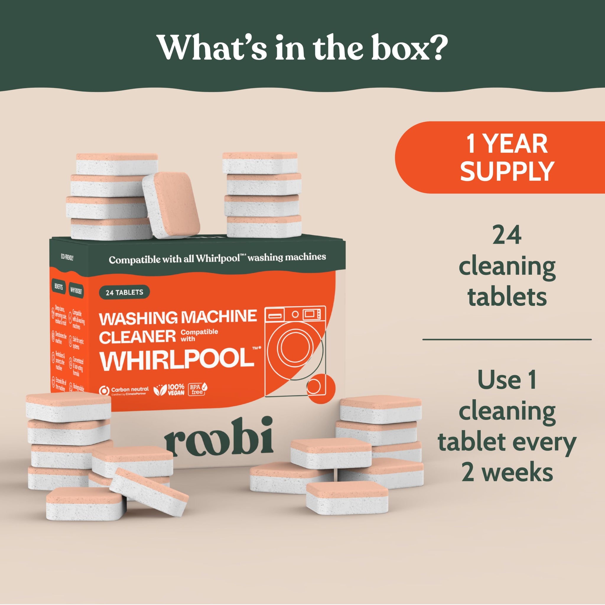 Roobi Washing Machine Cleaner Tablets. Compatible with Whirlpool and All Washing Machine Brands and Models. Septic Safe Deep Clean Formula