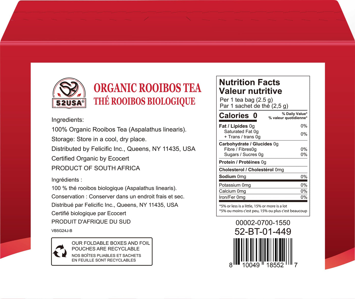 52USA Rooibos Tea Organic, 100 Tea bags, Pure Premuim Rooibos Tea, Naturally Sweet Herbal Tea, Caffeine Free Rooibos Tea, Farmed in South Africa, 9oz