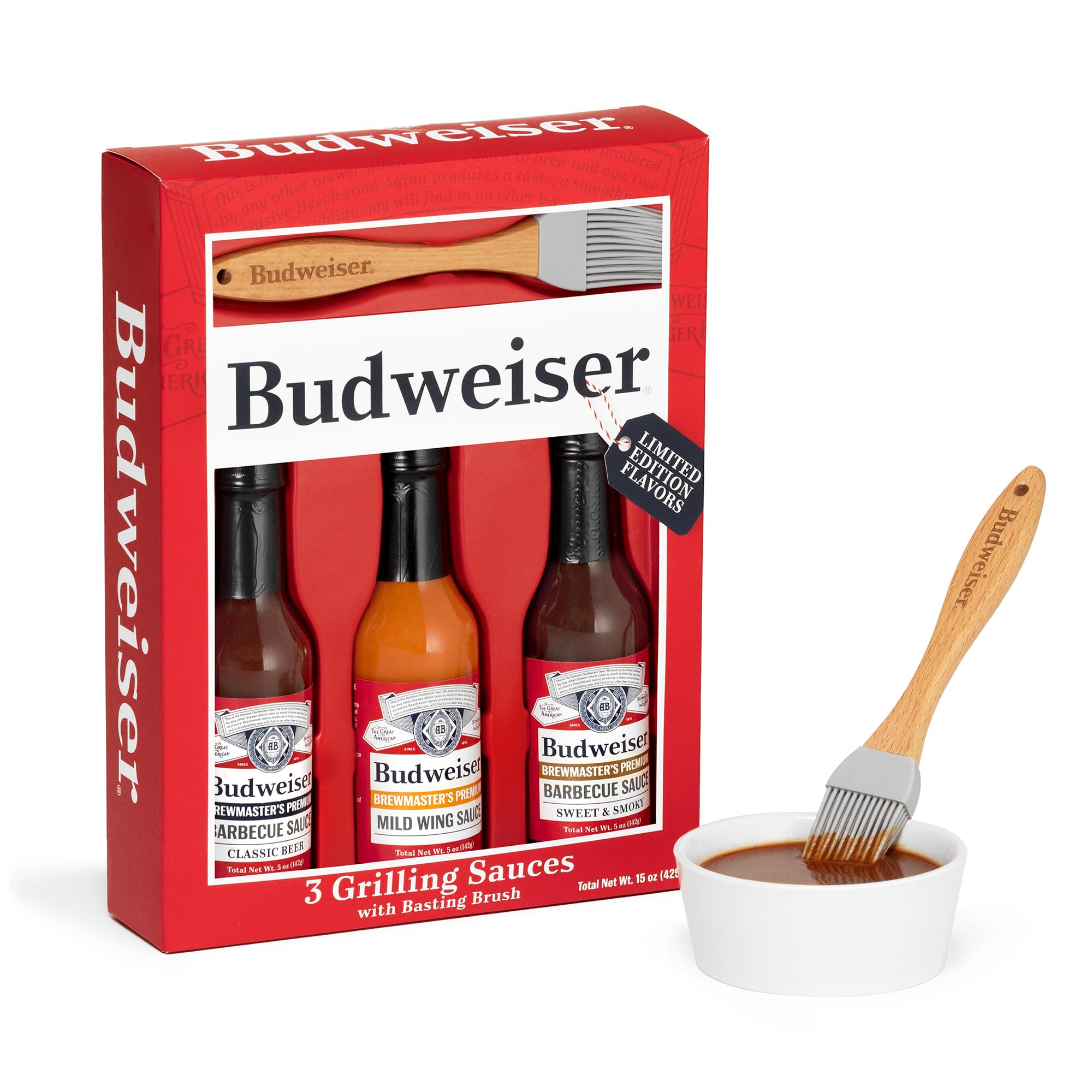 Budweiser BBQ Sauce Variety Pack - Grilling Sauce Gift Set with Basting Brush Perfect for Barbeques and Marinades - 3 x 6 oz