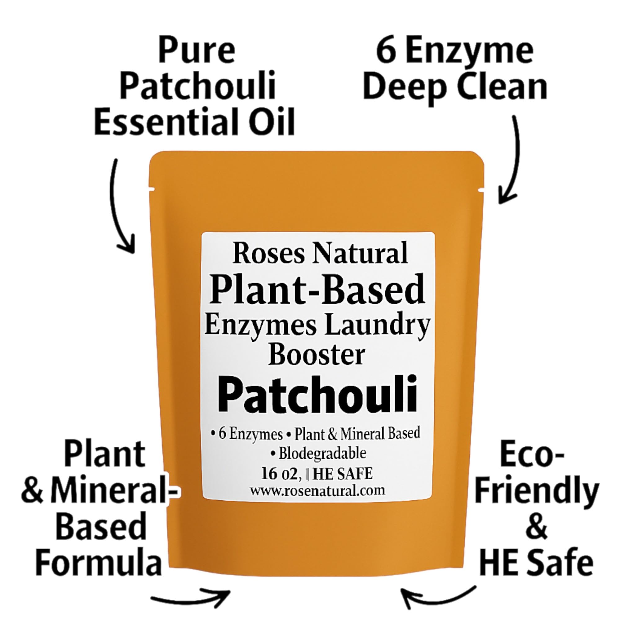 Roses Natural Natural Enzyme Laundry Booster - Patchouli | 6 Enzyme | Deep Clean System | Earthy Essential Oil Scent | Biodegradable | HE Safe |
