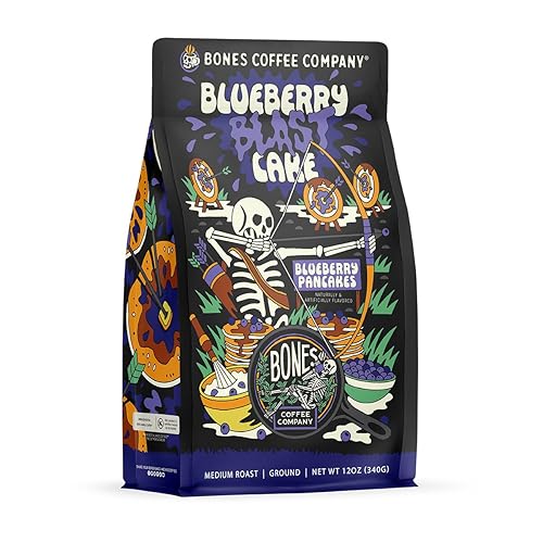 Bones Coffee Company Blueberry Blast Cake, Blueberry Pancakes Flavored Coffee, Medium Roast Low Acid Arabica Beans Compatible with Auto drip
