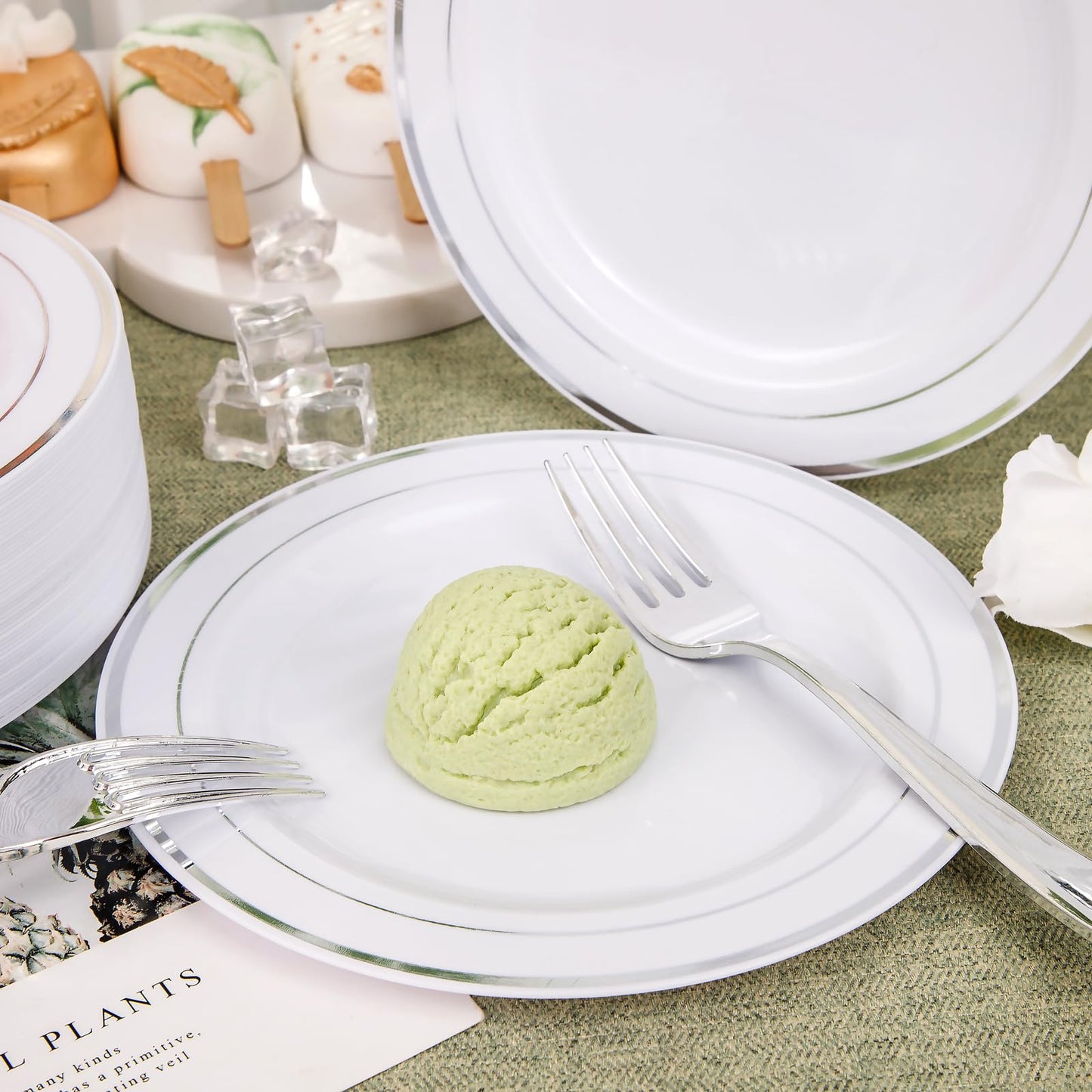 Nervure 204PCS Silver Plastic Plastes - 102PCS Disposable Silver Dessert Plates with 102PCS Plastic Forks Perfect for Salads, Desserts, Catering
