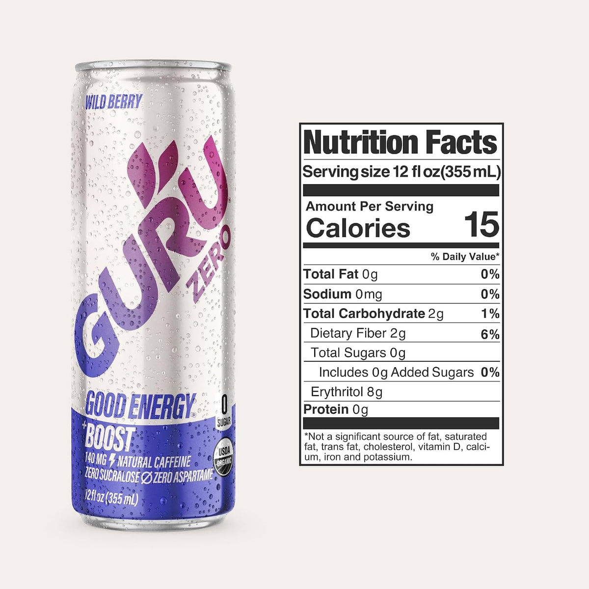 GURU Zero Sugar Organic Energy Drink, Wild Berry, 12 Fl Oz, 12 Pack