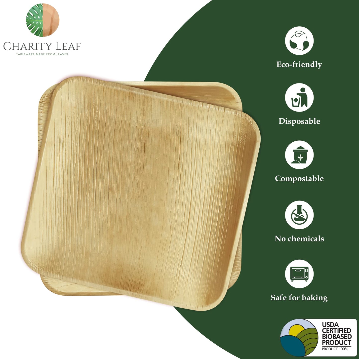 Charity Leaf Compostable 10" Square Palm Leaf Dinner Plates (50-pack) | Premium, 100% Natural, Disposable, Heavy Duty | Perfect for Parties, Weddings
