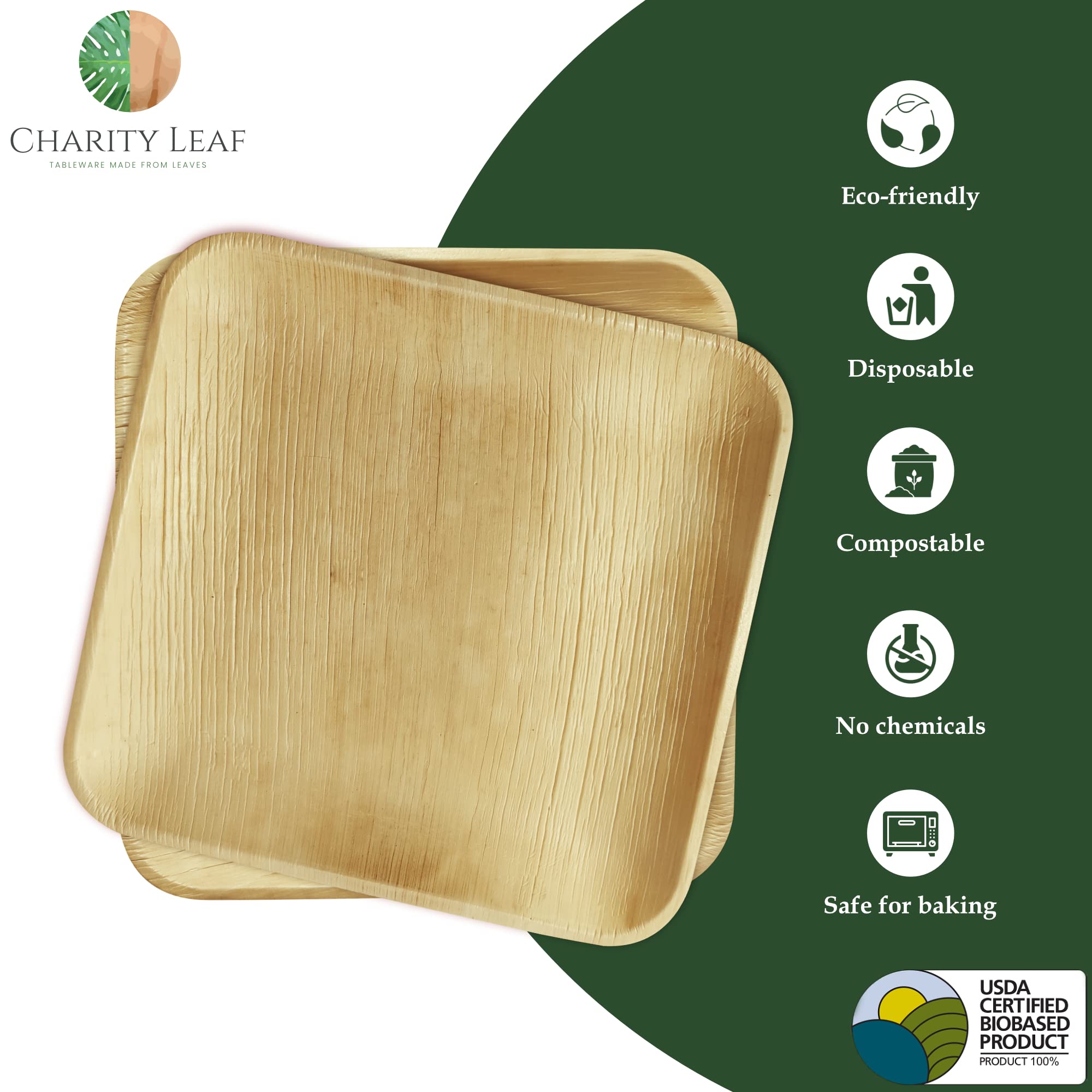 Charity Leaf Compostable 10" Square Palm Leaf Dinner Plates (50-pack) | Premium, 100% Natural, Disposable, Heavy Duty | Perfect for Parties, Weddings