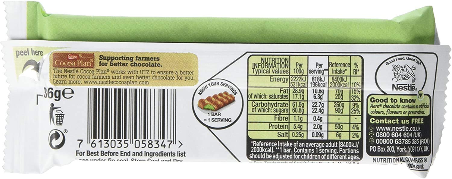 Nestles Aero Bubbly Bar Peppermint Chocolate 36g x12- UK Chocolate Candy.