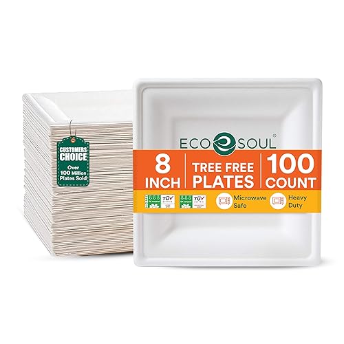 ECO SOUL Compostable Paper Plates 8 Inch, 100 Pack - Heavy Duty Disposable Square Plates, White Bagasse, Leak & Oil Resistant, Microwave Safe