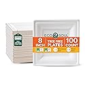 ECO SOUL Compostable Paper Plates 8 Inch, 100 Pack - Heavy Duty Disposable Square Plates, White Bagasse, Leak & Oil Resistant, Microwave Safe