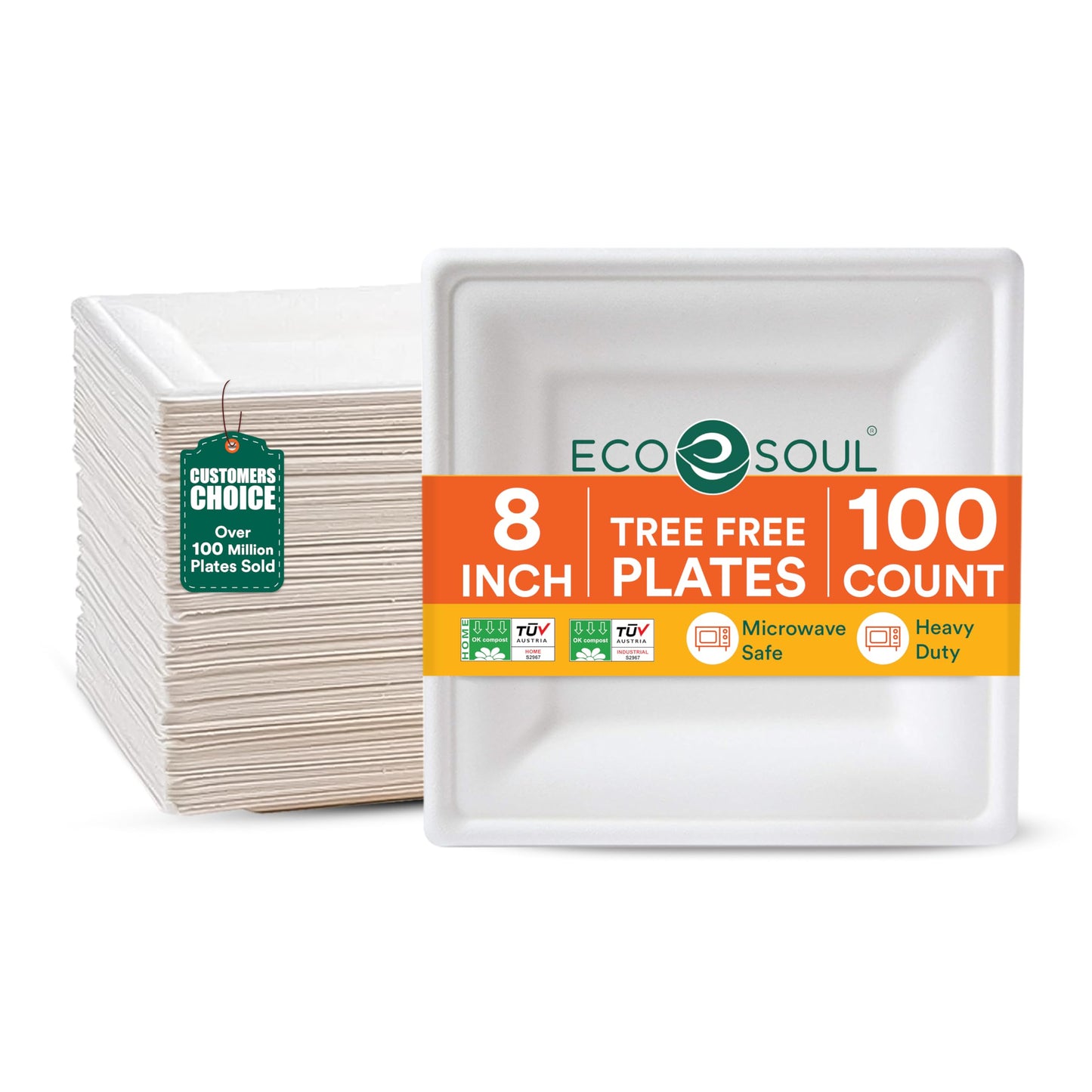 ECO SOUL Compostable Paper Plates 8 Inch, 100 Pack - Heavy Duty Disposable Square Plates, White Bagasse, Leak & Oil Resistant, Microwave Safe