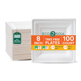 ECO SOUL Compostable Paper Plates 8 Inch, 100 Pack - Heavy Duty Disposable Square Plates, White Bagasse, Leak & Oil Resistant, Microwave Safe
