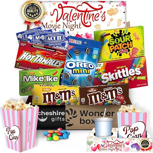 Valentines Movie Night Gift basket - Valentines popcorn bags and candy for Valentine gifts - Valentines day gift baskets for kids and adults