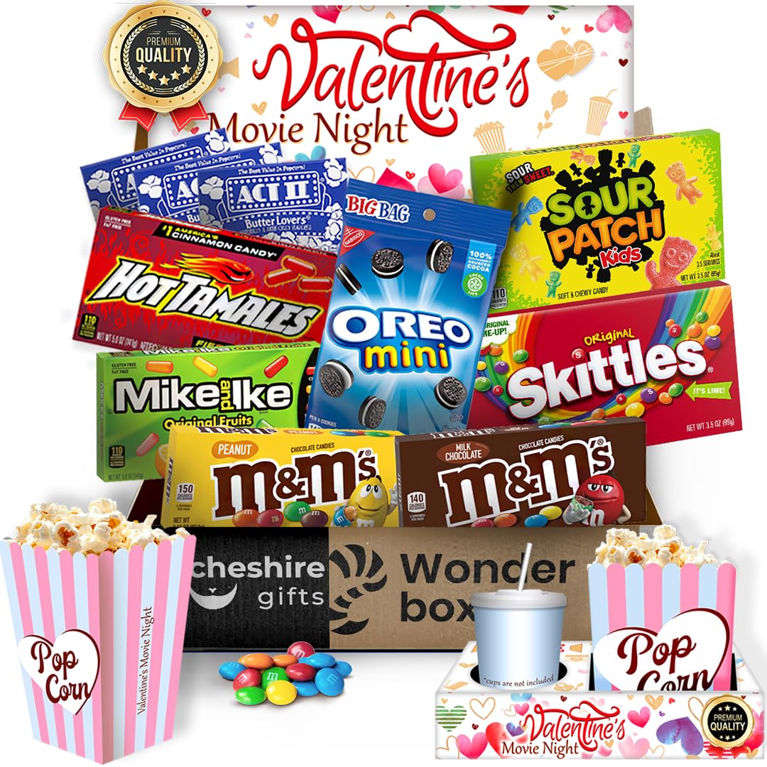 Valentines Movie Night Gift basket - Valentines popcorn bags and candy for Valentine gifts - Valentines day gift baskets for kids and adults