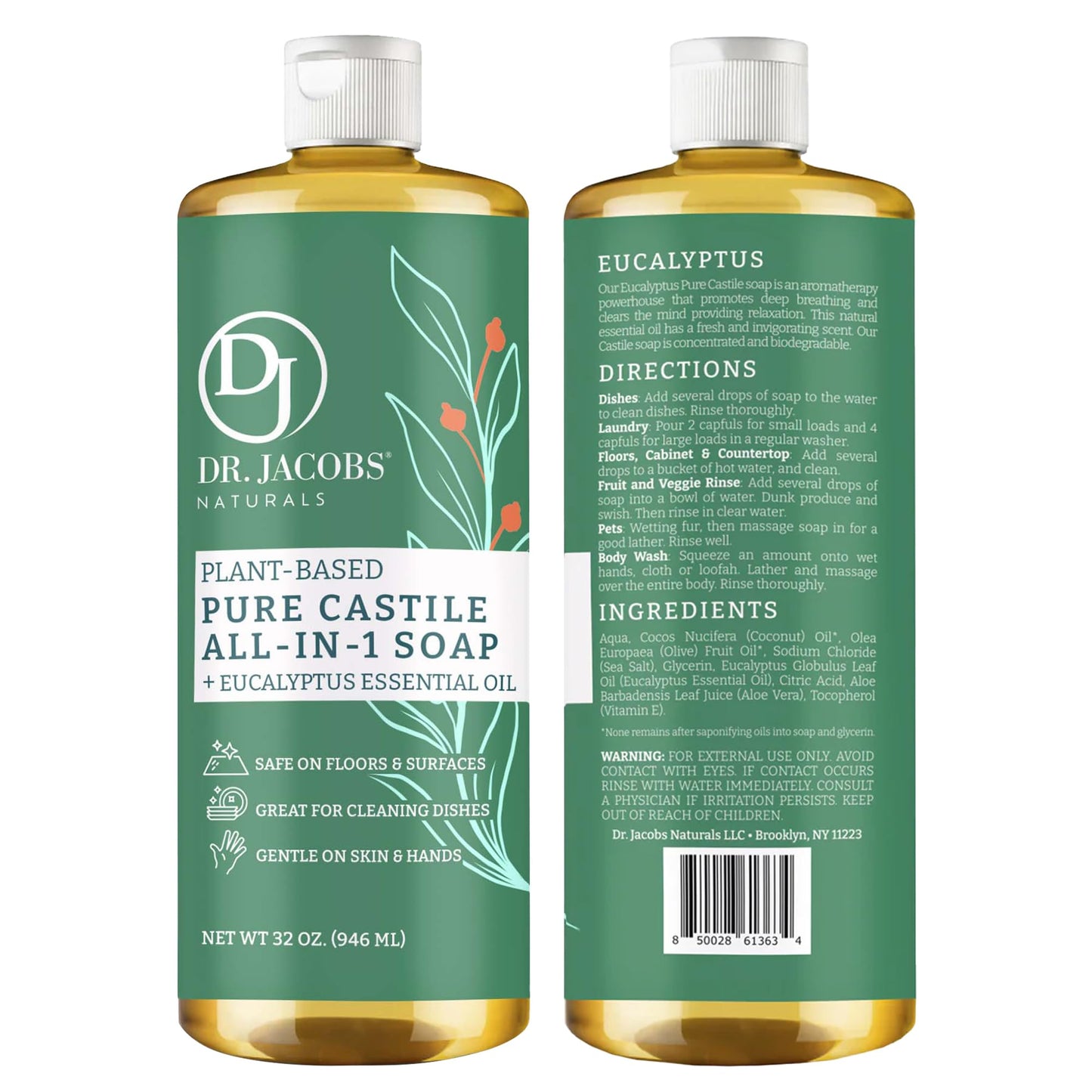 Dr. Jacobs Naturals Eucalyptus Castile All-in-One Cleaner and Soap - Plant-Based Formula for House Cleaning Floors and Appliances - Gentle on Skin