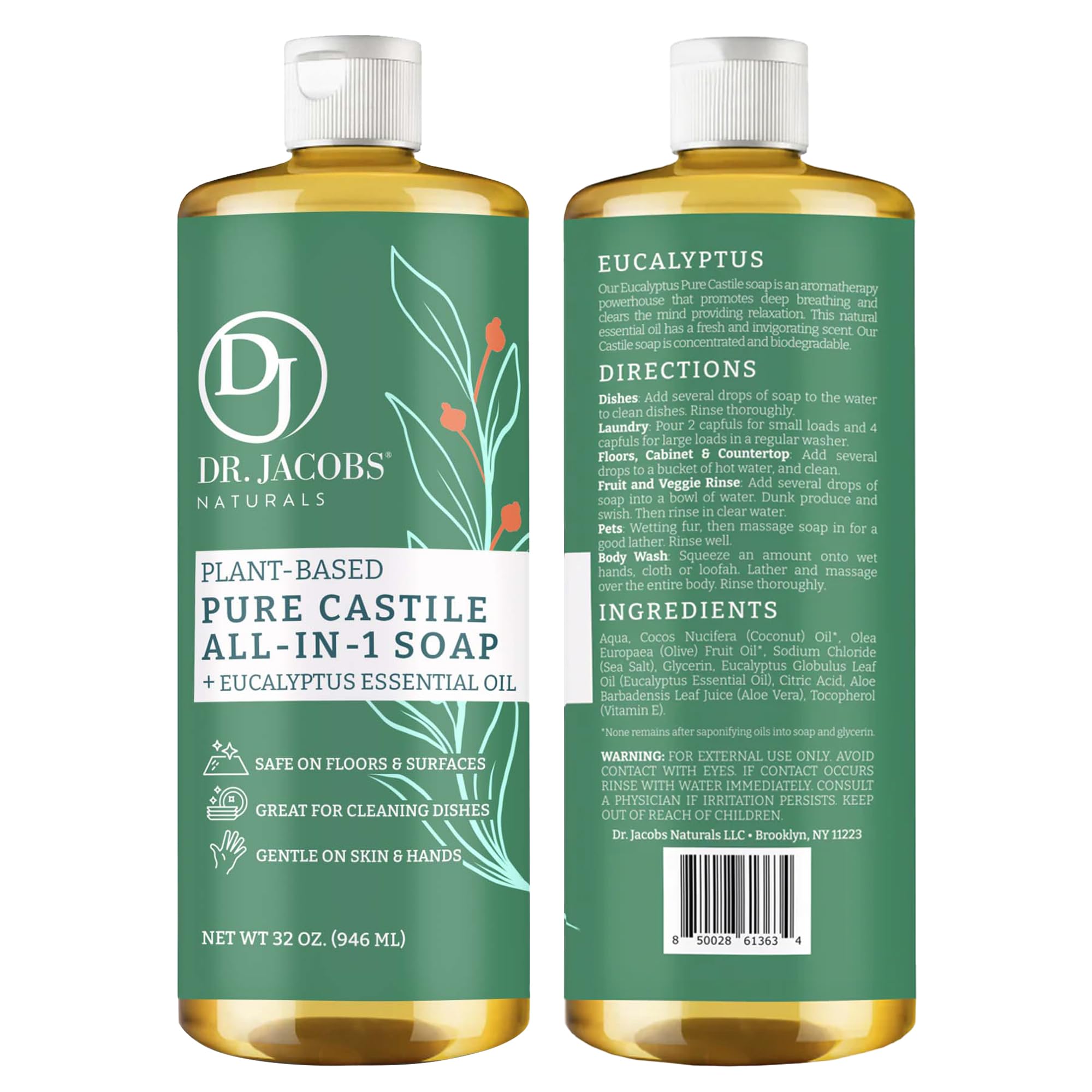 Dr. Jacobs Naturals Eucalyptus Castile All-in-One Cleaner and Soap - Plant-Based Formula for House Cleaning Floors and Appliances - Gentle on Skin