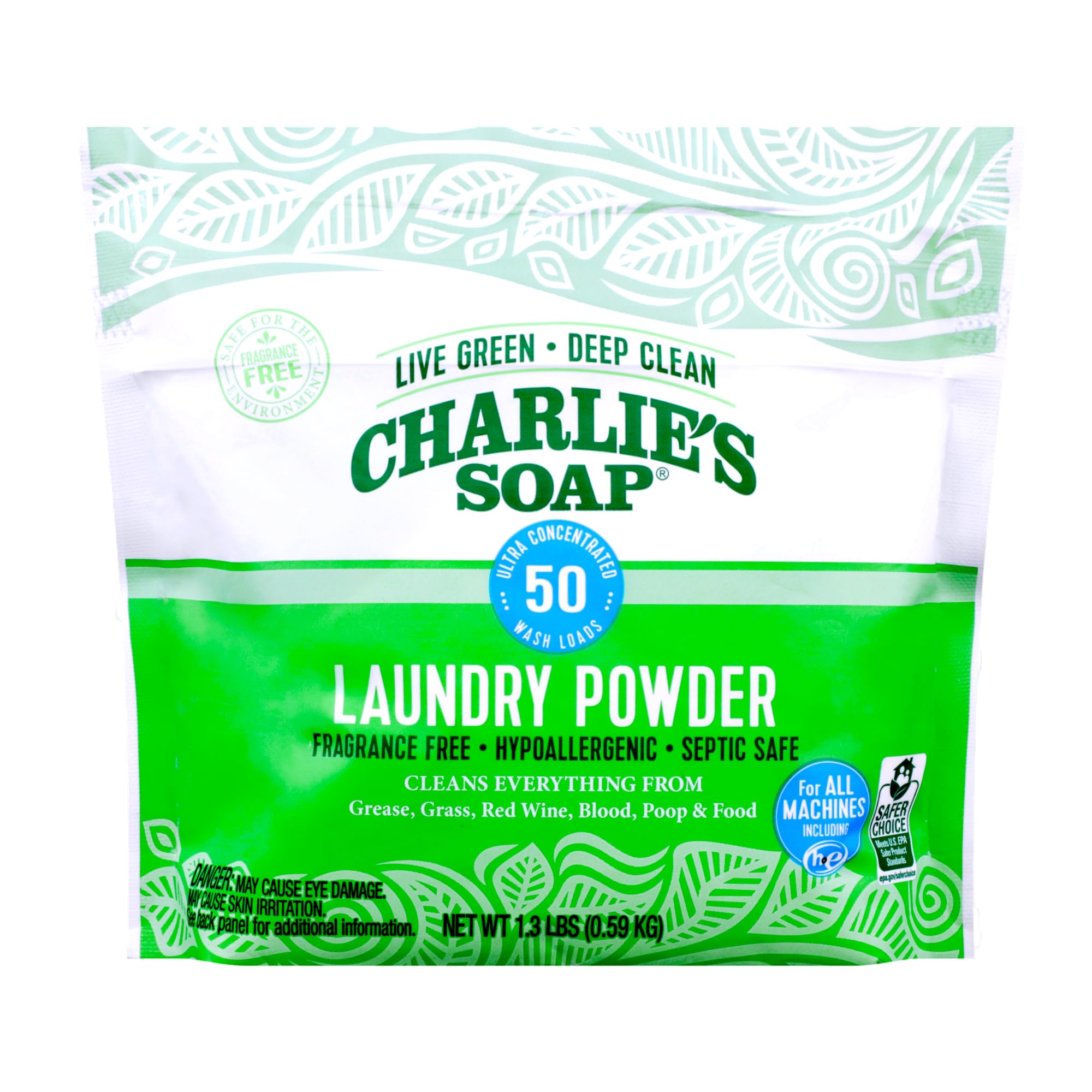 Charlie’s Soap Laundry Powder (50 Loads, 1 Pack) Hypoallergenic Deep Cleaning Washing Powder Detergent - Eco-Friendly, Safe, and Effective