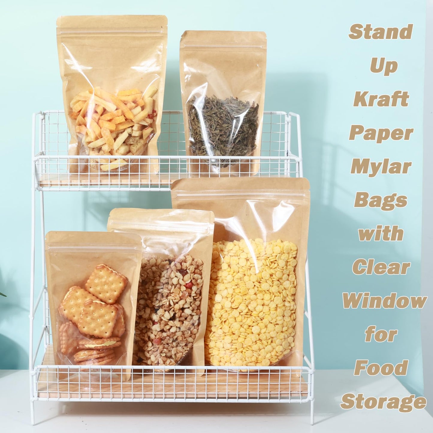100-pack 8.7" x 11.8" Stand Up Kraft Paper Mylar Bags with Clear Window Large Resealable Foil Pouches for Food Storage Smell Proof Edible Packaging