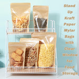 100-pack 8.7" x 11.8" Stand Up Kraft Paper Mylar Bags with Clear Window Large Resealable Foil Pouches for Food Storage Smell Proof Edible Packaging