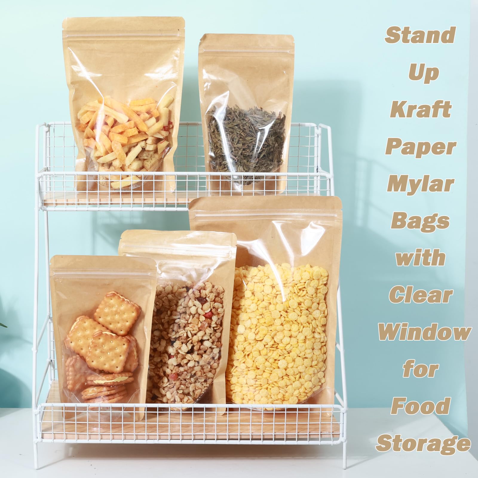 100-pack 8.7" x 11.8" Stand Up Kraft Paper Mylar Bags with Clear Window Large Resealable Foil Pouches for Food Storage Smell Proof Edible Packaging