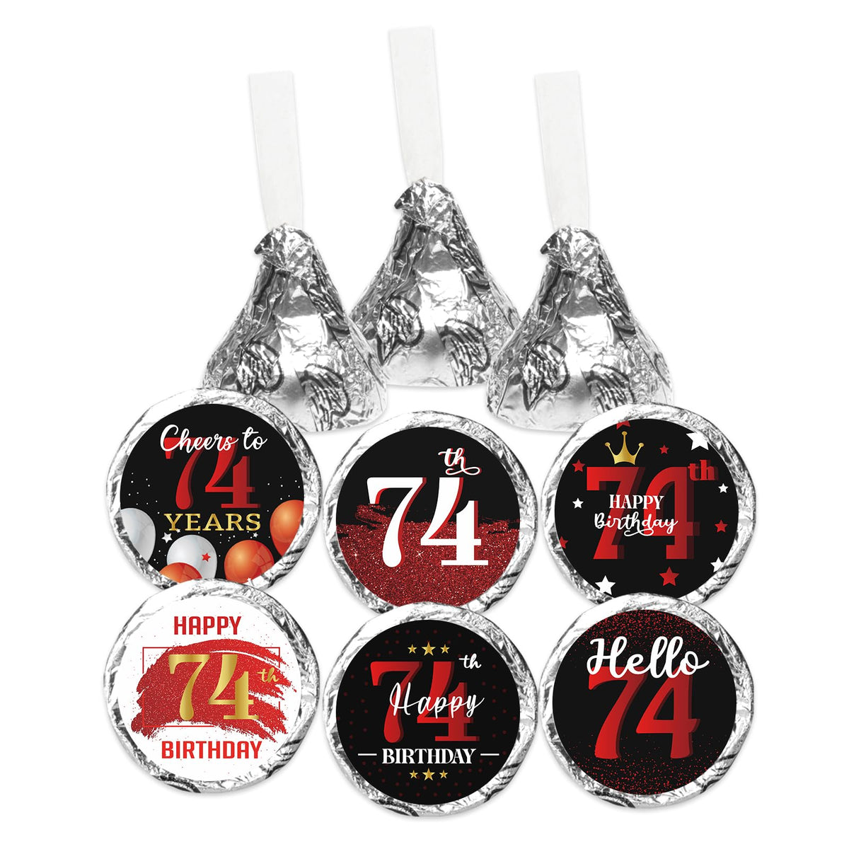 Happy 74th Birthday Party Favor Labels Chocolate Candy Stickers - 74 Years Old Birthday Round Candy Sticker Party Favors - Black and Red - 150