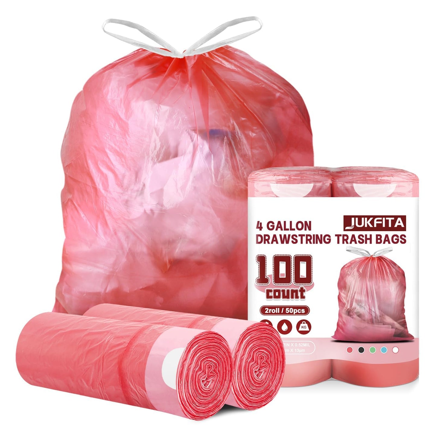 4 Gallon Trash Bags Drawstring 100 Count, JUKFITA Extra Strong Small Garbage Bags, Unscented Trash Can Liners for Bathroom Restroom Office Kitchen