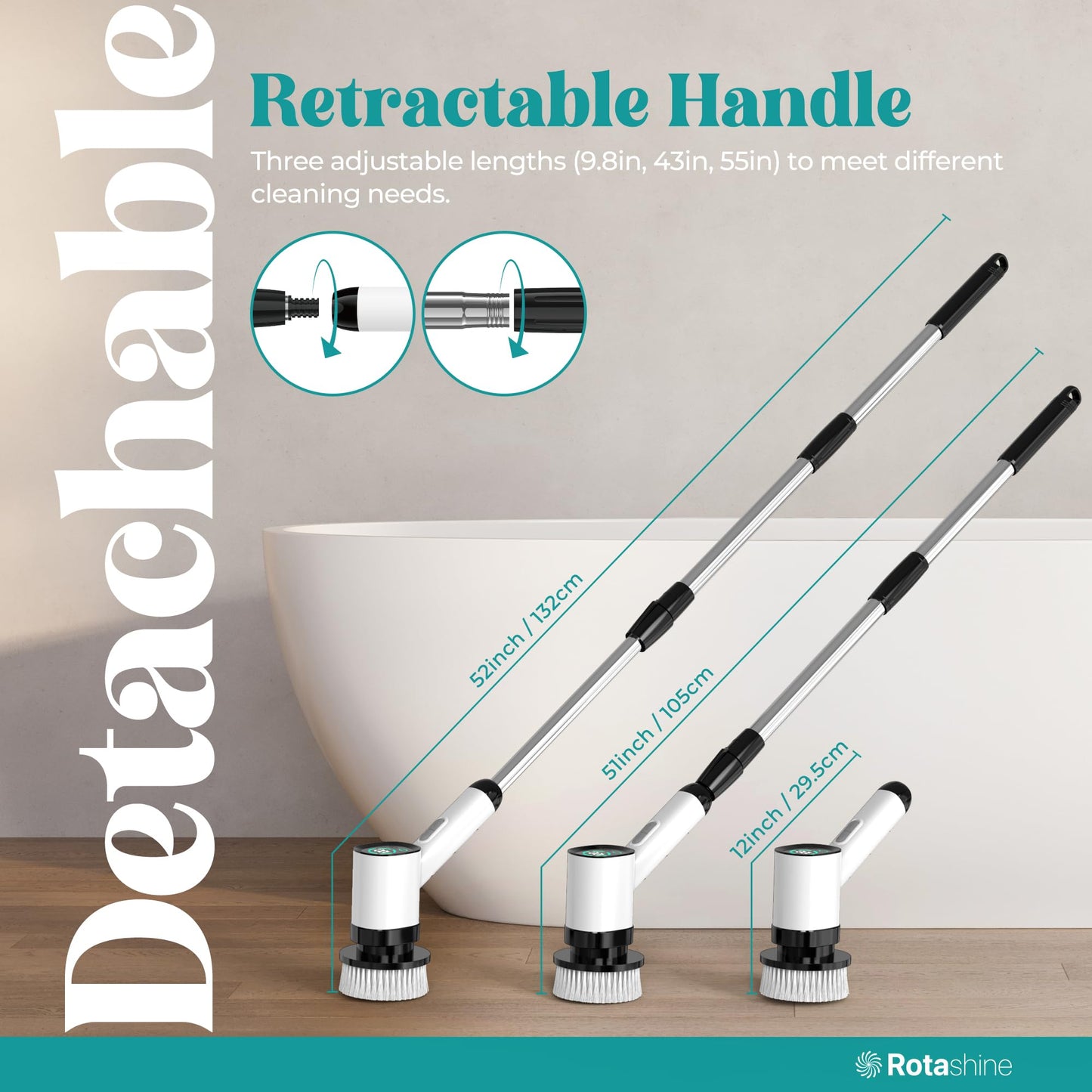 Rotashine Electric Spin Scrubber - Electric Scrubber for Cleaning with 7 Replaceable Heads - Full-Body Waterproof Tub Scrubber with Long Handle