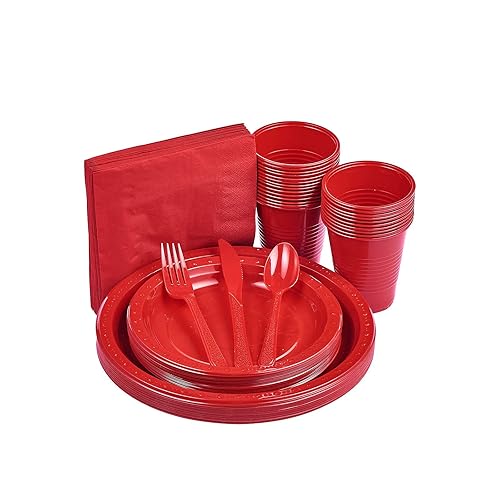 175 PCS Red Plastic Dinnerware Set Includes 50 Plates, 25 Cups, 25 Napkins, 25 Cutlery Spoons Forks & Knives, Disposable Dinnerware Set, Red Party