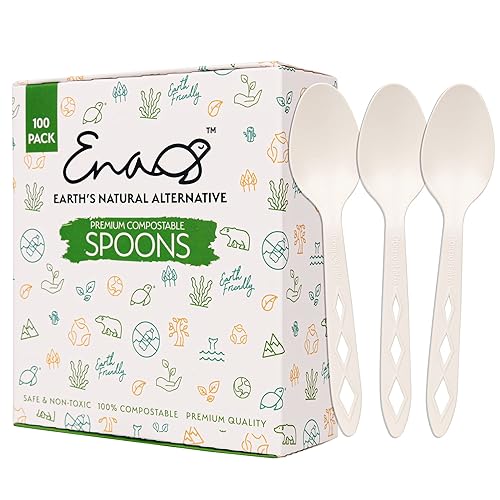 100% Compostable Non Plastic Spoons [100 Pack] CPLA Disposable Spoons. Non Plastic Silverware Set. Eco-Friendly Cutlery, Off White Flatware, Extra
