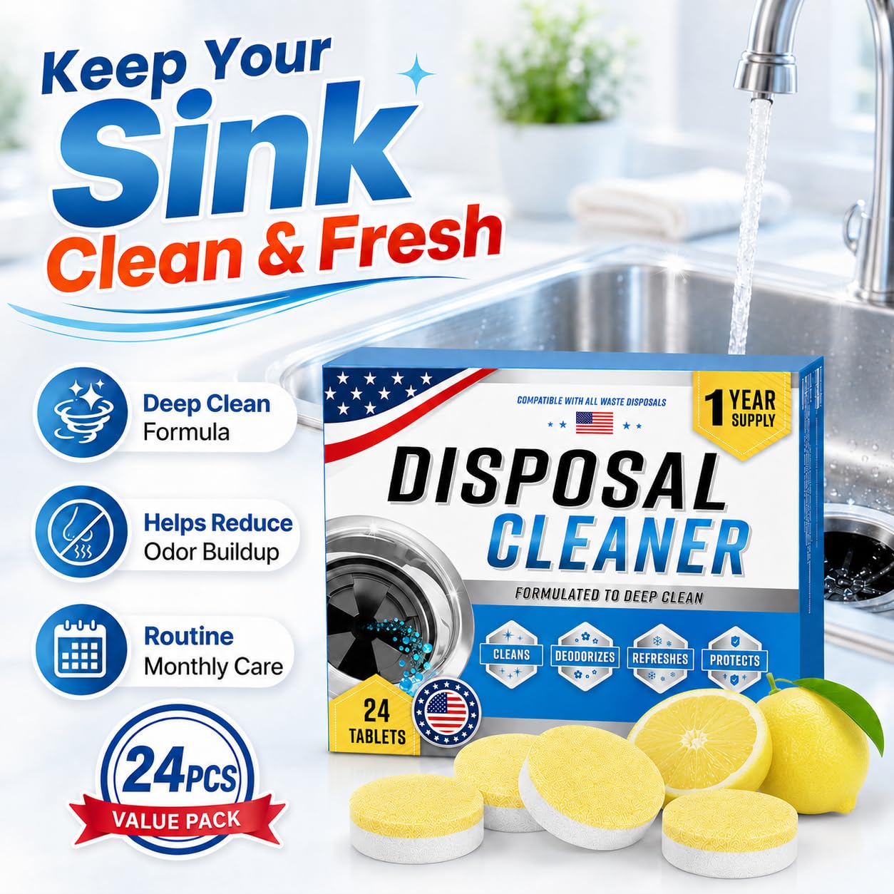Garbage Disposal Cleaner Deodorizer Tablets, 24 Pack Foaming Disposal Cleaner Tablets, Sink Disposal Cleaner Garbage Disposal Freshener, Citrus