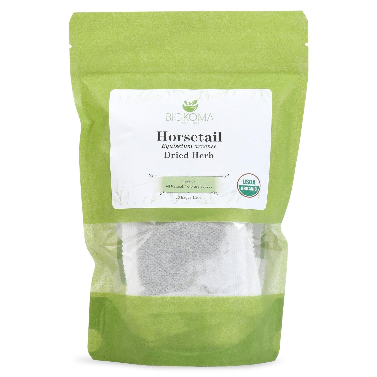 Biokoma Organic Horsetail Dried Herb 30 Tea Bags Shavegrass Equisetum Arvense USDA Organic Herbal Tea Healthy Hair Skin Nails Support Resealable Pouch