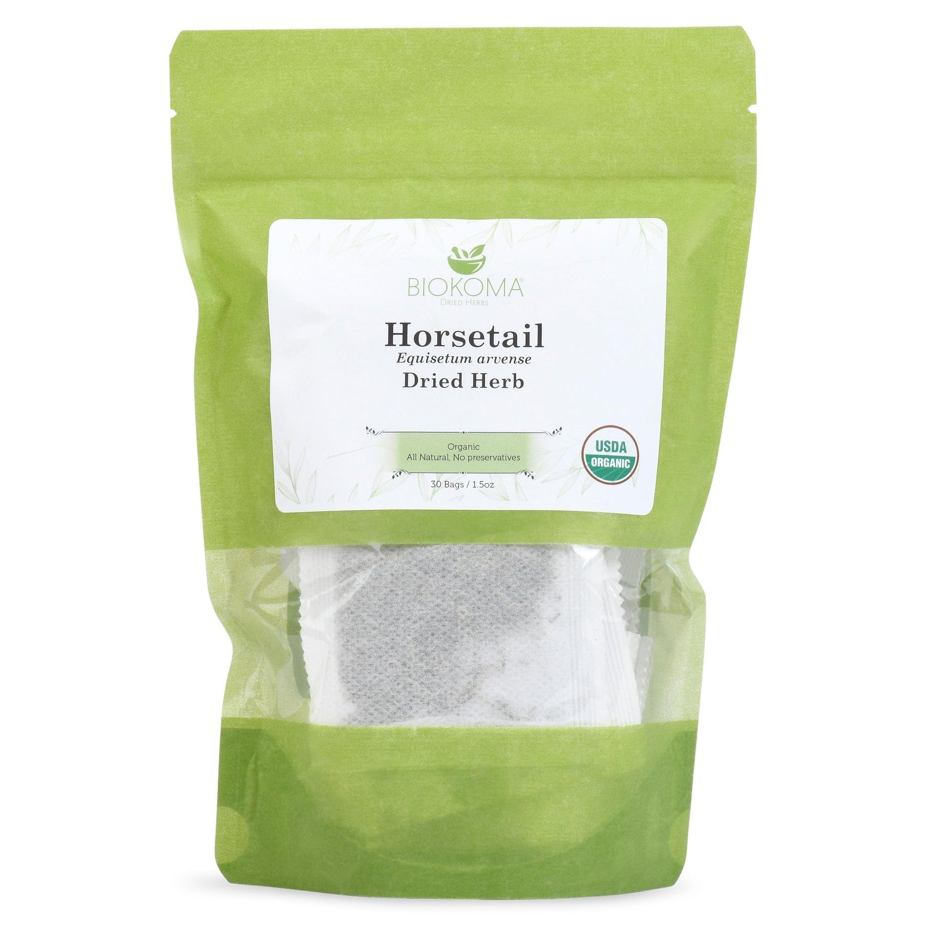 Biokoma Organic Horsetail Dried Herb 30 Tea Bags Shavegrass Equisetum Arvense USDA Organic Herbal Tea Healthy Hair Skin Nails Support Resealable Pouch