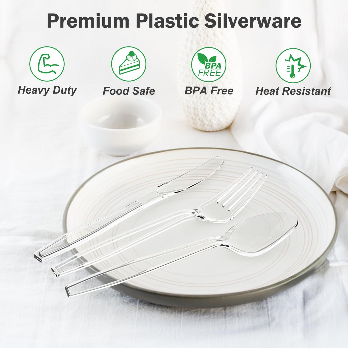 Dealusy 300 Count Extra Heavy Duty Clear Plastic Silverware, 100 Forks, 100 Spoons, 100 Knives, BPA-Free, Heat Resistant, Disposable Plastic Utensils