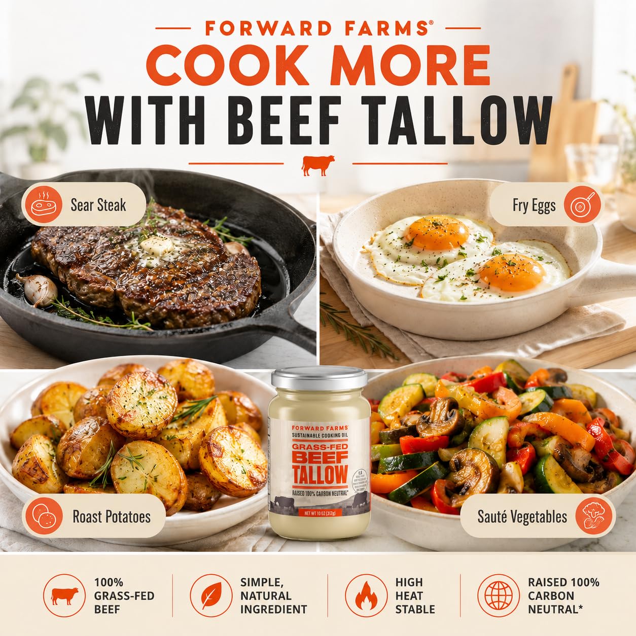 Forward Farms Grass-Fed Beef Tallow for Cooking 11 oz |100% Pure Cooking Fat | Sauteing, Deep Frying, Searing, Baking |Gluten-Free & Dairy-Free |