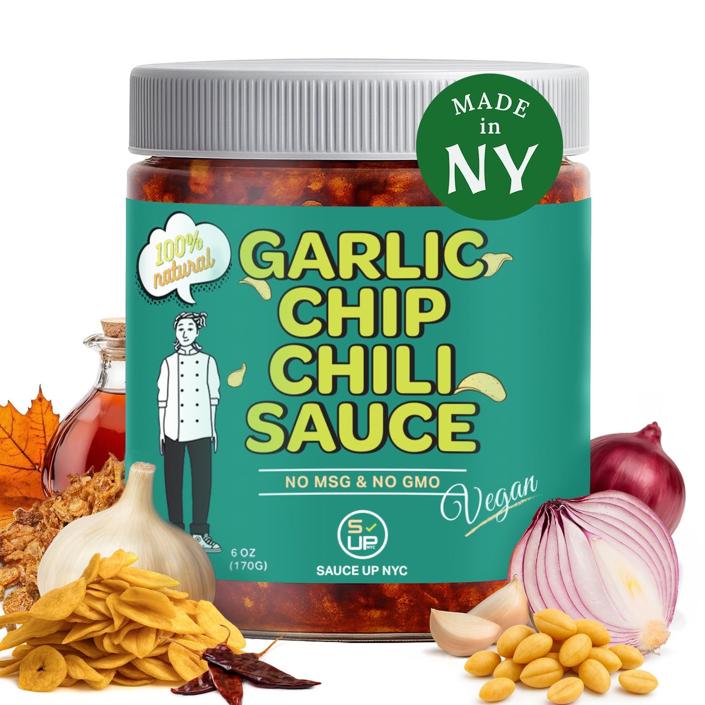 SAUCE UP Vegan Garlic Chip Chili Sauce - Super Crunchy Artisanal Topping & Condiment | Chef-Curated in NY with Fried Garlic Chips, Shallots & Peanuts