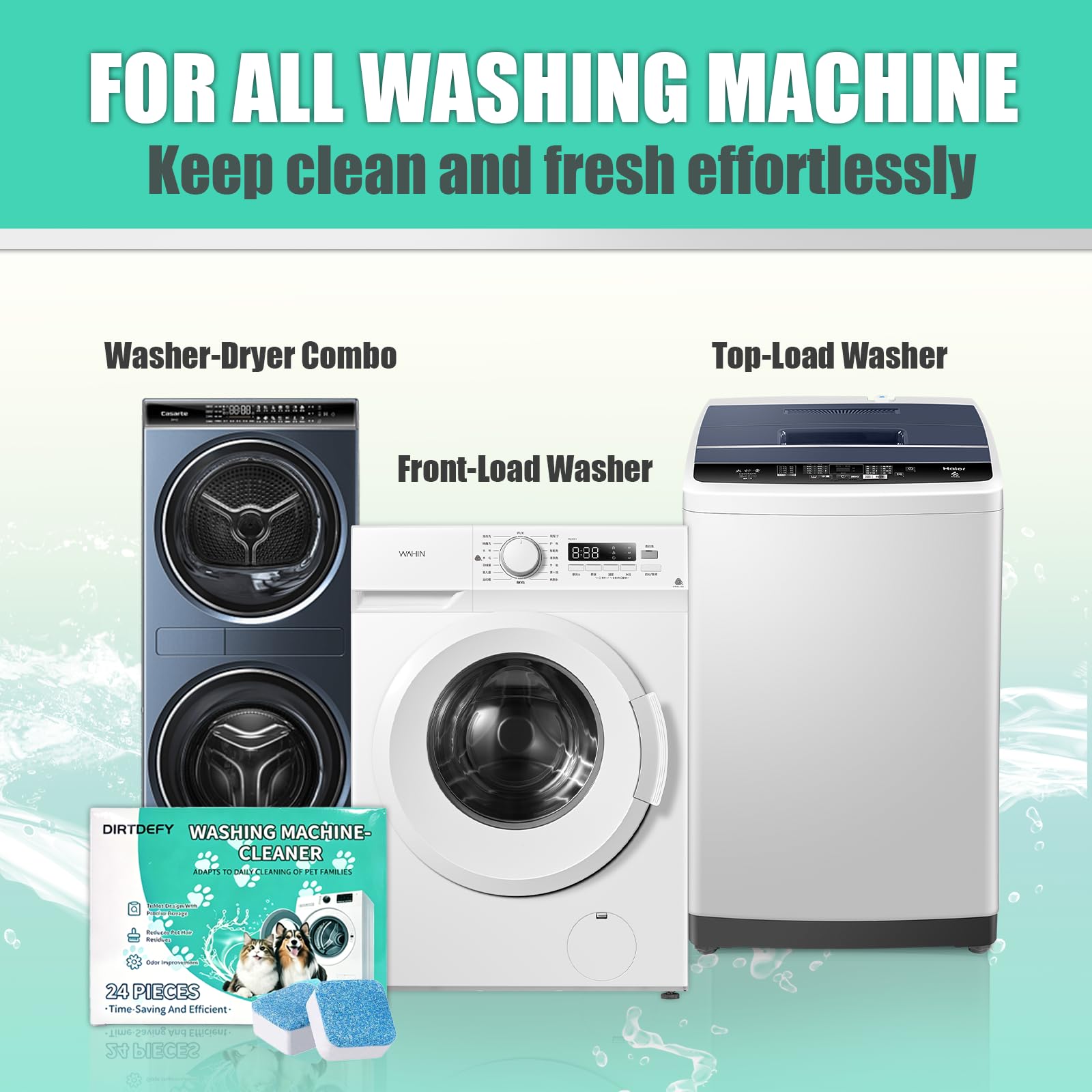 DIRTDEFY Washing Machine Cleaner Tablets, Deep Descaler Removes Pet Hair, Urine, Odor & Residue, 24 Septic-Safe Tablets for Top Load, Front Load & HE