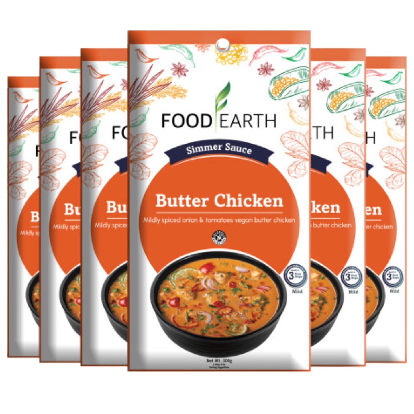 Food Earth Indian Simmer Sauce - Butter Chicken - Organic, Vegan, Gluten-Free, GMO-Free - Microwavable Cooking Sauce - 12 Pouches (5.29 oz Each)