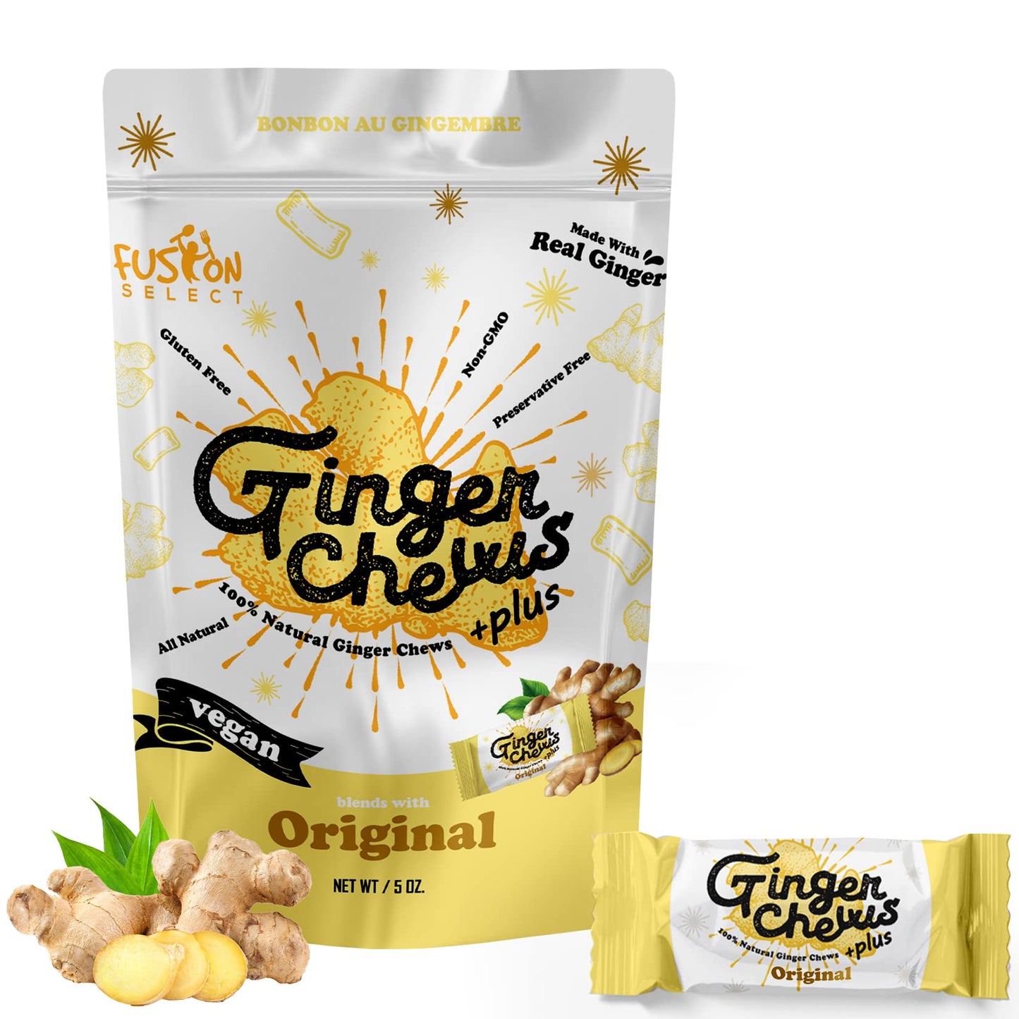 Fusion Select Original Ginger Chews - Sweet Soft Candied Delights From Indonesia - Promotes Relief From Morning Sickness, Upset Stomach - Made from