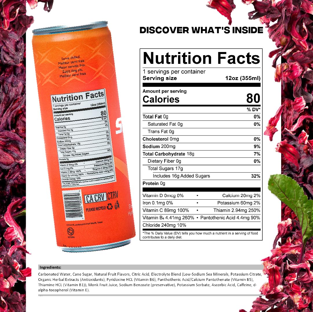 StayLyte Hibiscus Rush - Sparkling Carbonated Electrolyte Drinks, 3-in-1 Recovery Energy Hydration Drinks - Floral Hibiscus Flavor - 425mg