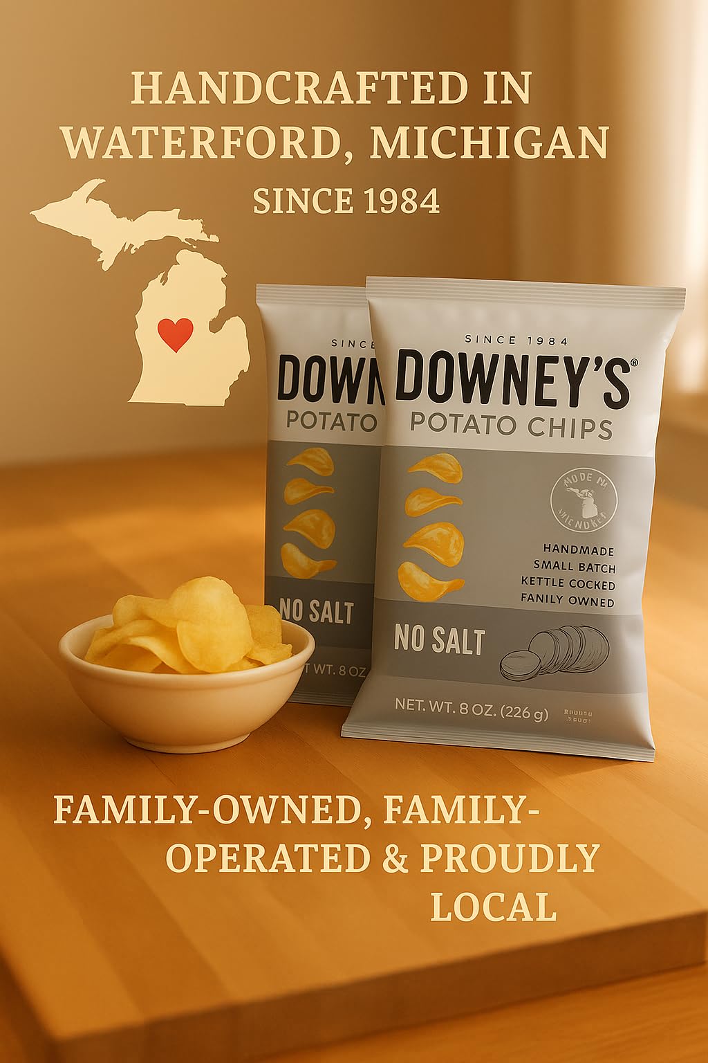 Downey’s Potato Chips, No Salt Kettle-Cooked Potato Chips, Handcrafted Snack, Small-Batch, Light and Crispy, Gluten-Free, Made in Michigan (8oz