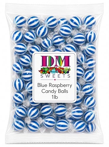 Jumbo Blue Raspberry Striped Candy Balls - 1 lb of Fresh Individually Wrapped Blue White Sweet Hard Candy Suckers