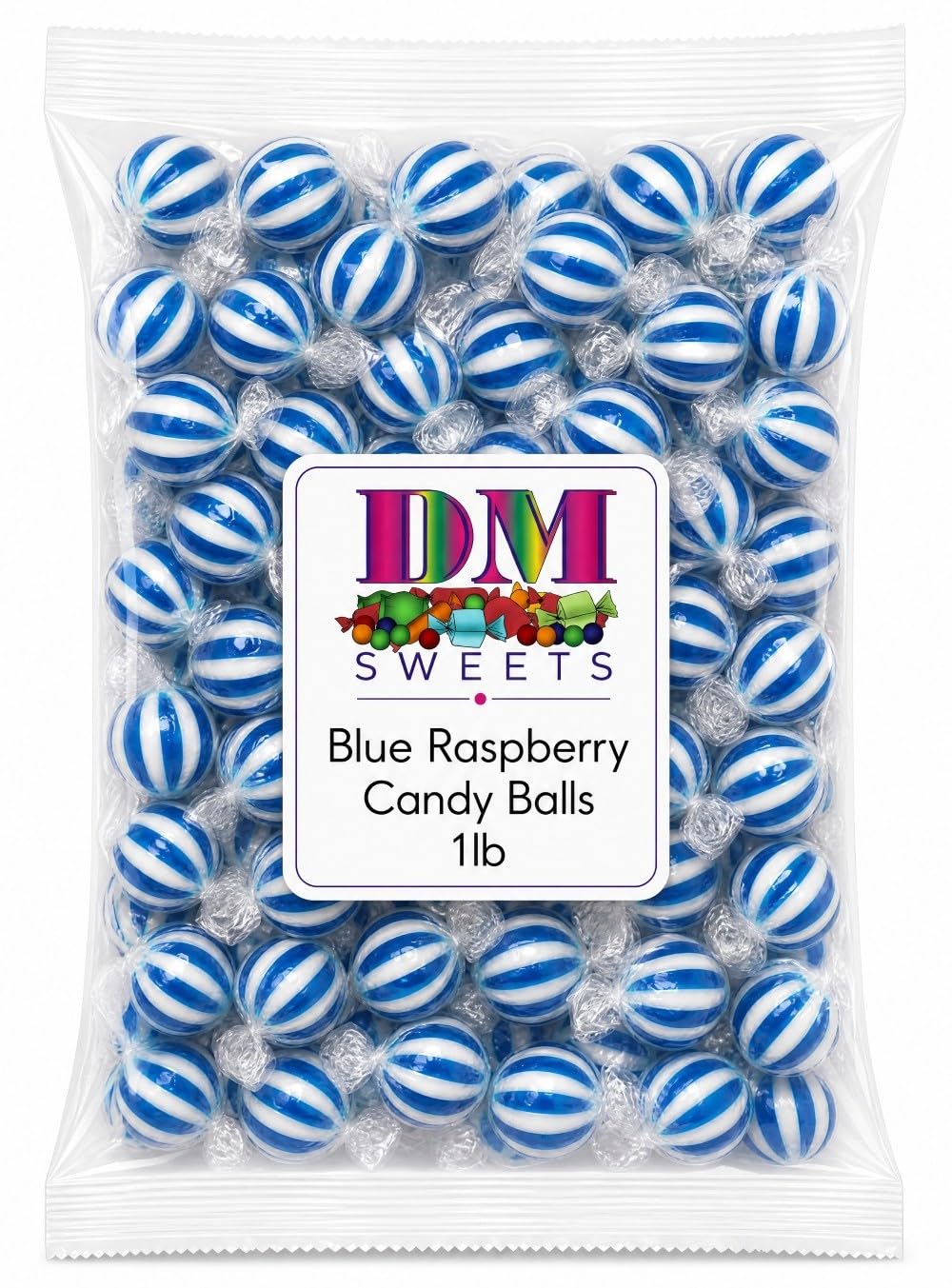 Jumbo Blue Raspberry Striped Candy Balls - 1 lb of Fresh Individually Wrapped Blue White Sweet Hard Candy Suckers