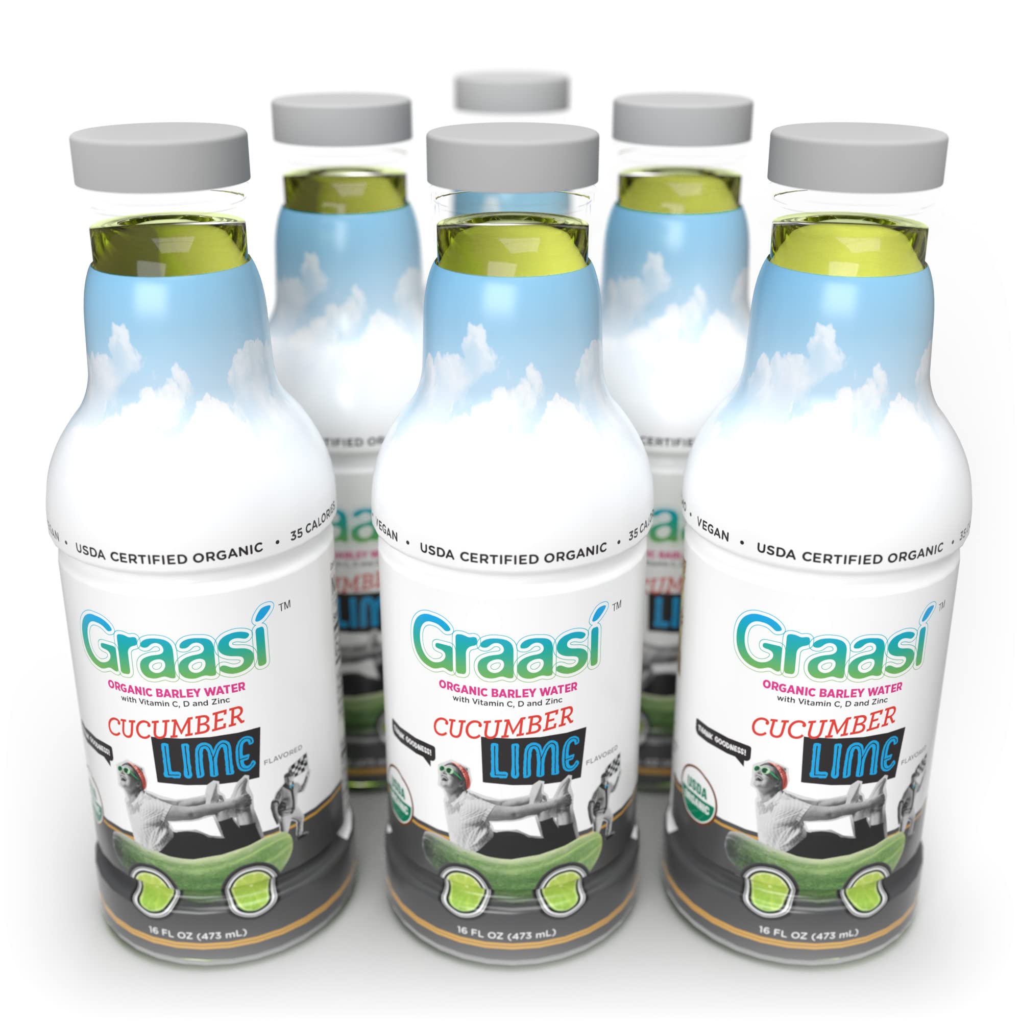Graasi Organic Barley Grass Water | Hydration Drink with Vitamin C, D, Zinc | USDA Organic, Non-GMO, Vegan | Low-Calorie Wellness Beverage | Cucumber