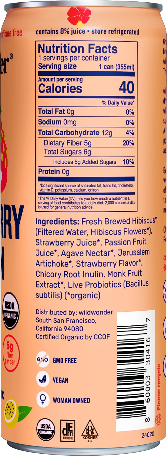 Wild Wonder Organic Strawberry Passion Probiotic Sparkling Drink, 12 FZ