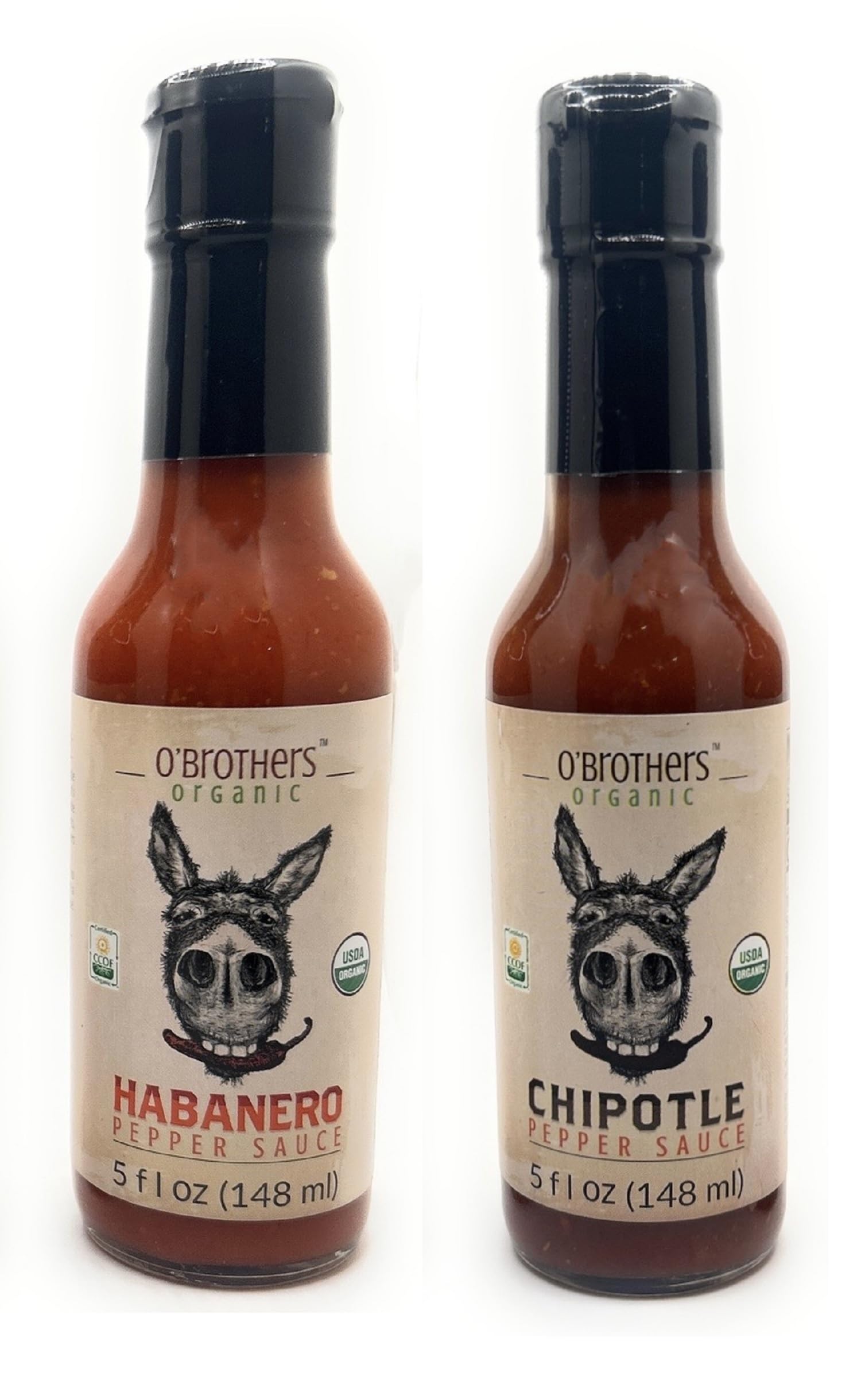 O'Brothers Organic Pepper Sauce 5oz - 2 bottles (Habanero & Chipotle)