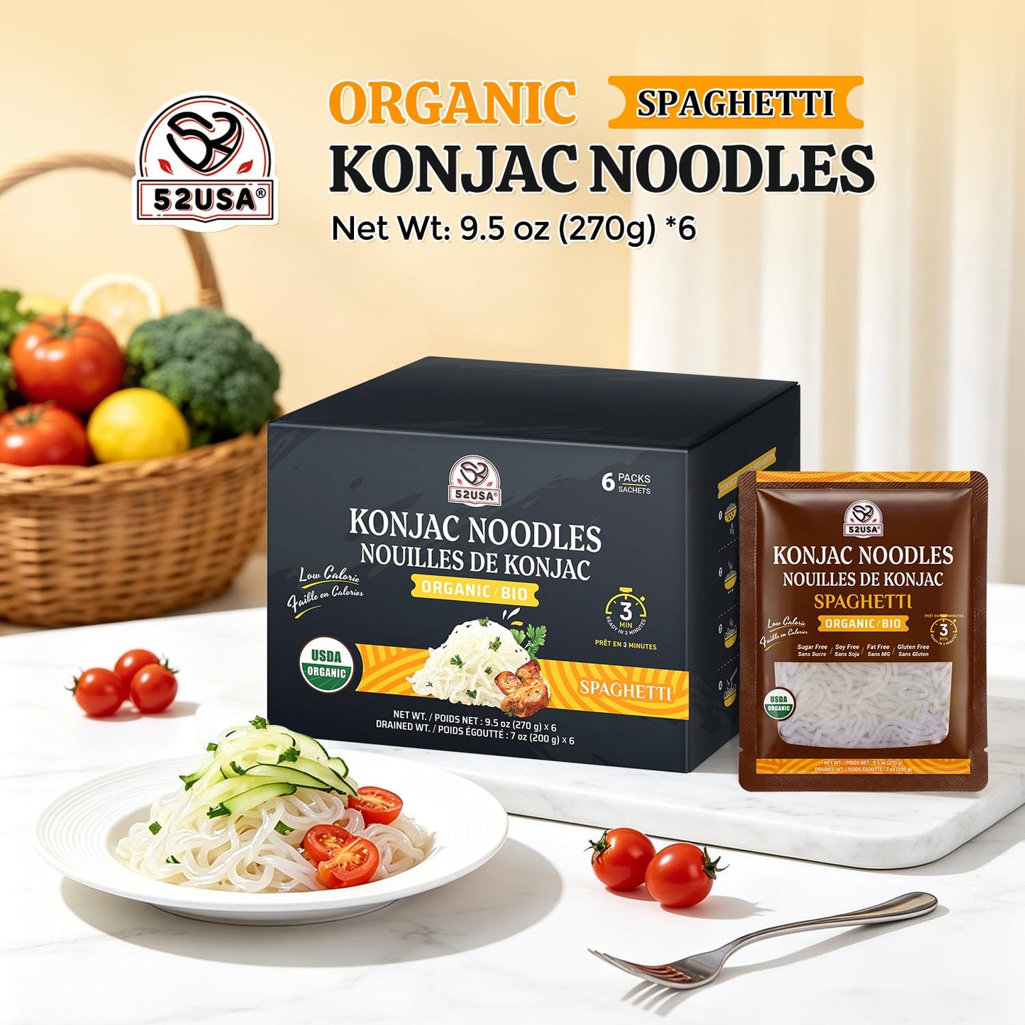 52USA Organic Konjac Spaghetti Noodle, 6-Pack (52.8 oz Total) - USDA Organic Shirataki Pasta, Low Carb, Keto Friendly, Vegan, Sugar-Free, Gluten-Free
