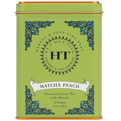 Harney & Sons Matcha Peach Green Tea Bags, Peach Flavored Matcha with Bancha, 20 Pyramid Tea Bags (Sachets) Tin, Caffeinated